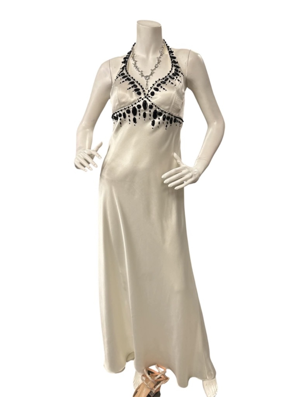 Adrianna Papell Ivory Satin Halter Gown with Black Bead Embellishment Size M
